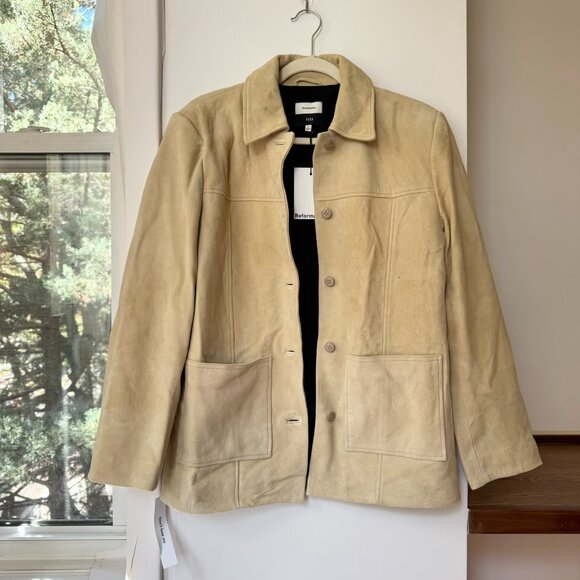 NWT Reformation Veda Lincoln Suede Shirt Jacket in Oat Distressed Tan Small - Picture 5 of 16